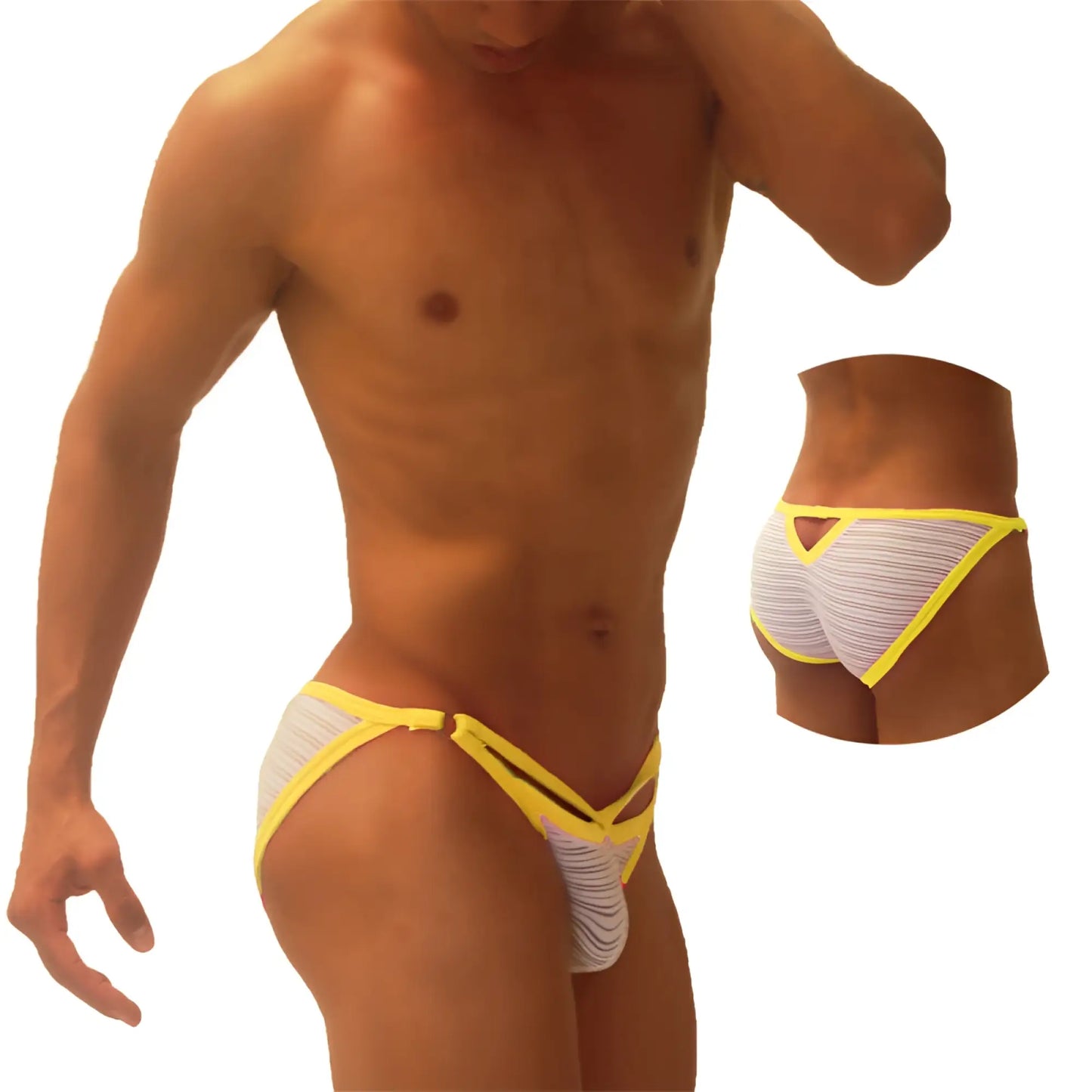 Icker Sea Superhero Stripe cut out micro slip bikini underwear in white and yellow stripes with bold yellow trim mango color