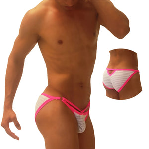 Icker Sea superhero stripe pink men’s thong underwear with white stripes and a cut out micro slip design
