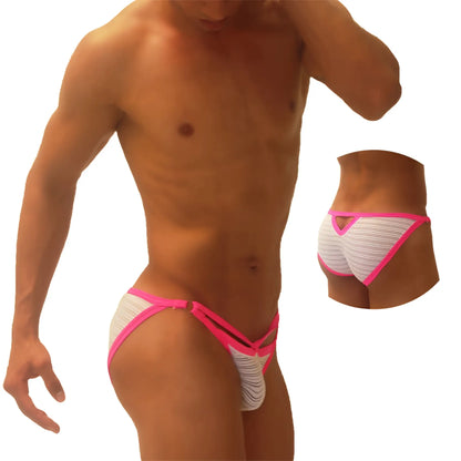 Icker Sea superhero stripe pink men’s thong underwear with white stripes and a cut out micro slip design