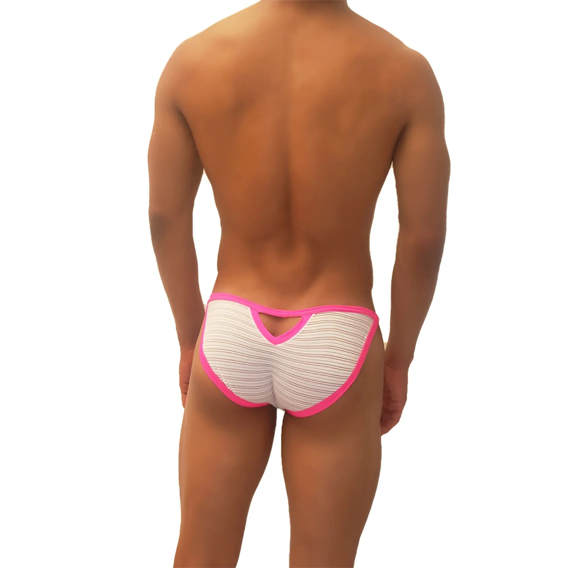 Pink-trimmed white striped men’s briefs with a cutout back design from icker sea superhero stripe micro slip bikini underwear