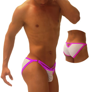 Icker Sea superhero stripe cut out micro slip bikini underwear in vibrant pink and white striped design