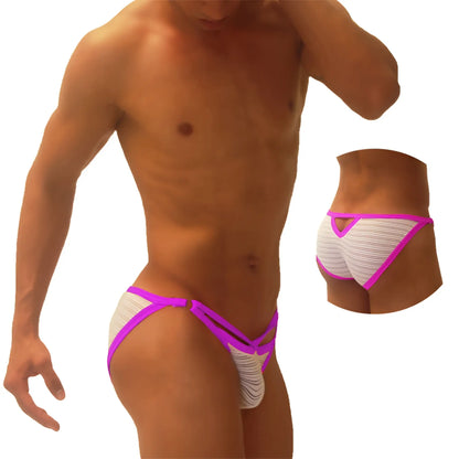 Icker Sea superhero stripe cut out micro slip bikini underwear in vibrant pink and white striped design