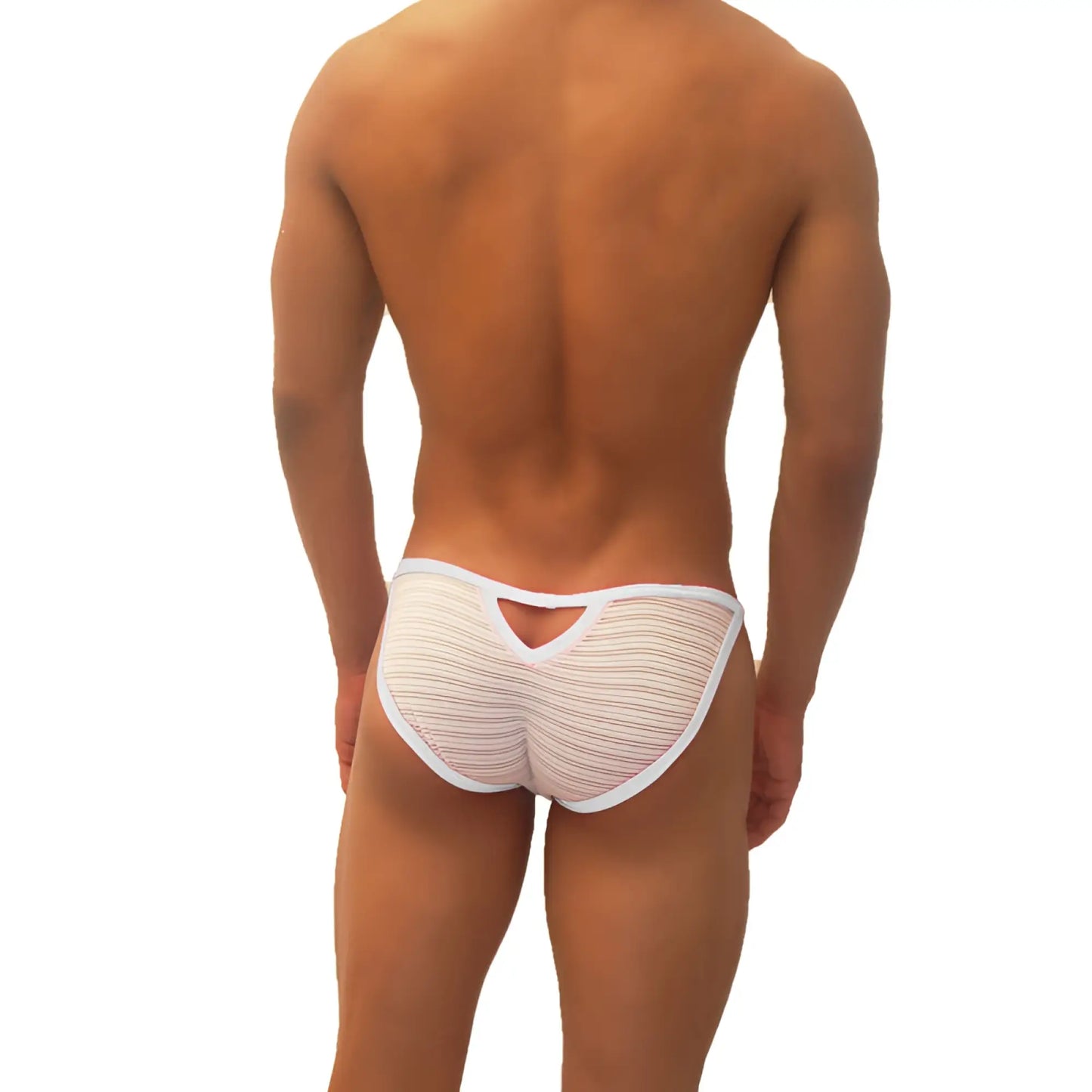 White striped icker sea superhero micro slip bikini underwear with cutout back design shown from the back side