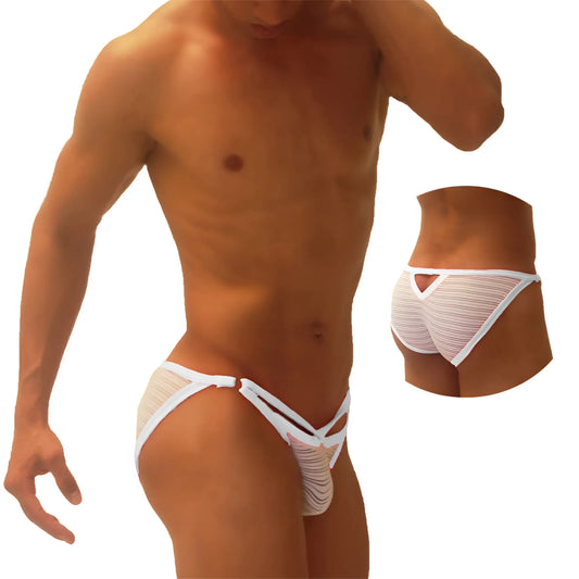 White mesh briefs with crisscross design and solid trim from icker sea superhero stripe cut out micro slip bikini underwear