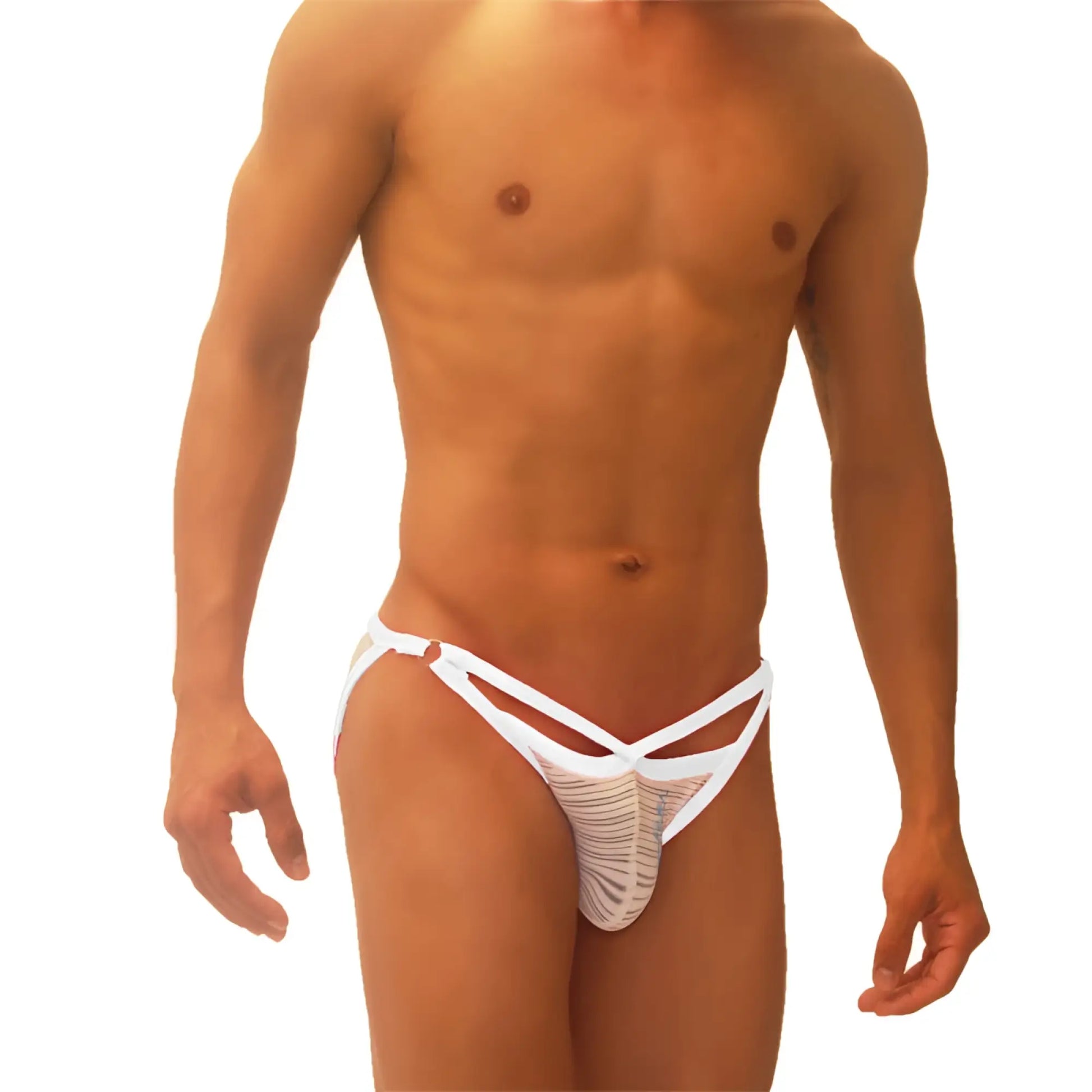 White mesh thong with crisscross straps and subtle striped pattern from icker sea superhero stripe micro slip bikini underwear