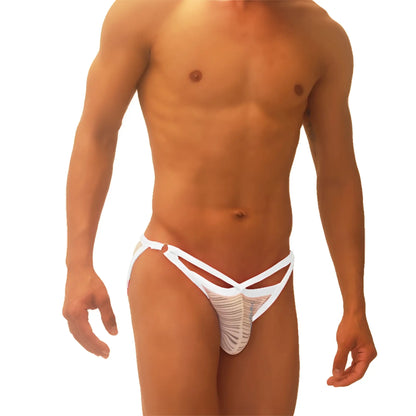 White mesh thong with crisscross straps and subtle striped pattern from icker sea superhero stripe micro slip bikini underwear