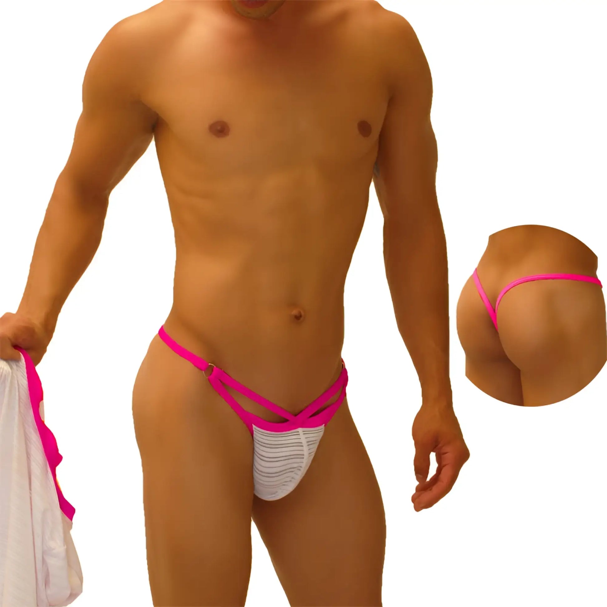 Bright pink and white striped thong underwear with crisscross cut out y back design by icker sea fuchsia COI-18-03