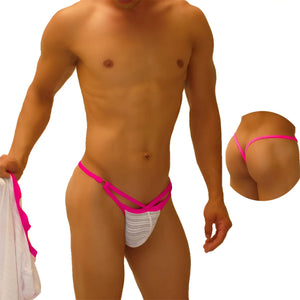 Bright pink and white striped thong underwear with crisscross cut out y back design by icker sea fuchsia COI-18-03