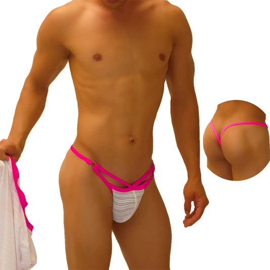 Bright pink and white striped thong underwear with crisscross cut out y back design by icker sea fuchsia COI-18-03