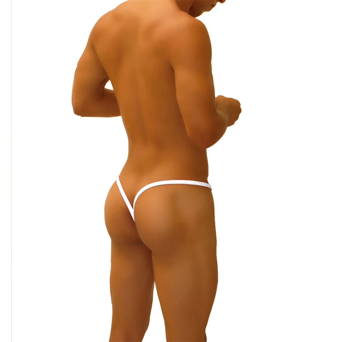 White thong underwear with minimalist design and stretchy fabric showing the back y cut out detail