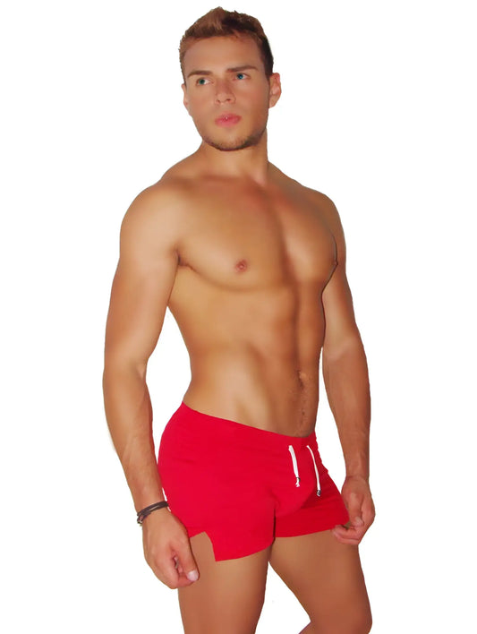 Red icker sea tennis shorts with side slit and white drawstrings designed for athletic performance