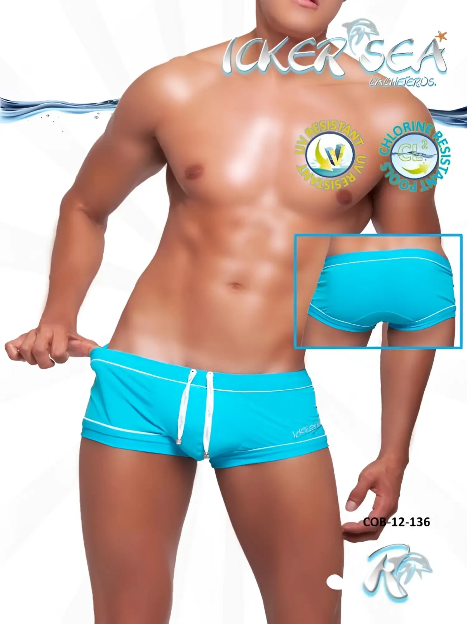 Icker Sea tory contrast line square cut swim trunk in bright turquoise with white drawstrings and trim for swimming