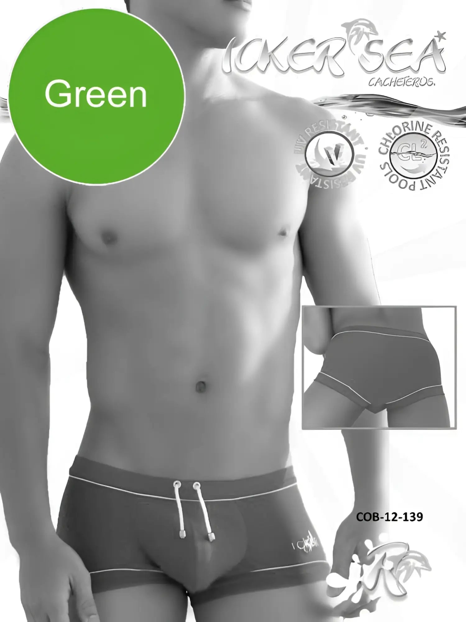 Icker Sea Tory contrast line green men’s square cut swim trunks with white trim and drawstring waistband