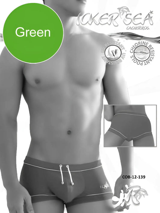 Icker Sea Tory contrast line green men’s square cut swim trunks with white trim and drawstring waistband