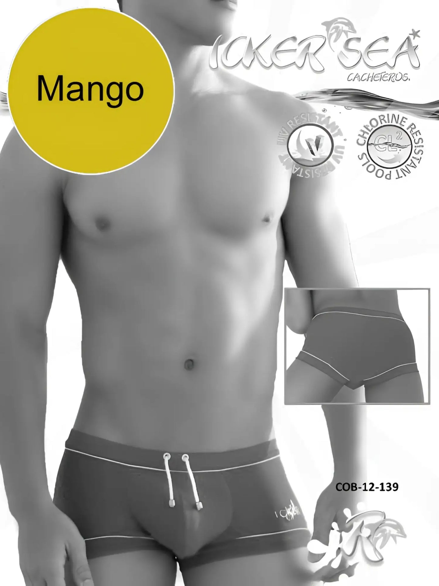 Icker Sea Tory contrast line square cut men’s swim trunks in dark gray with white trim and drawstring waistband by Mango
