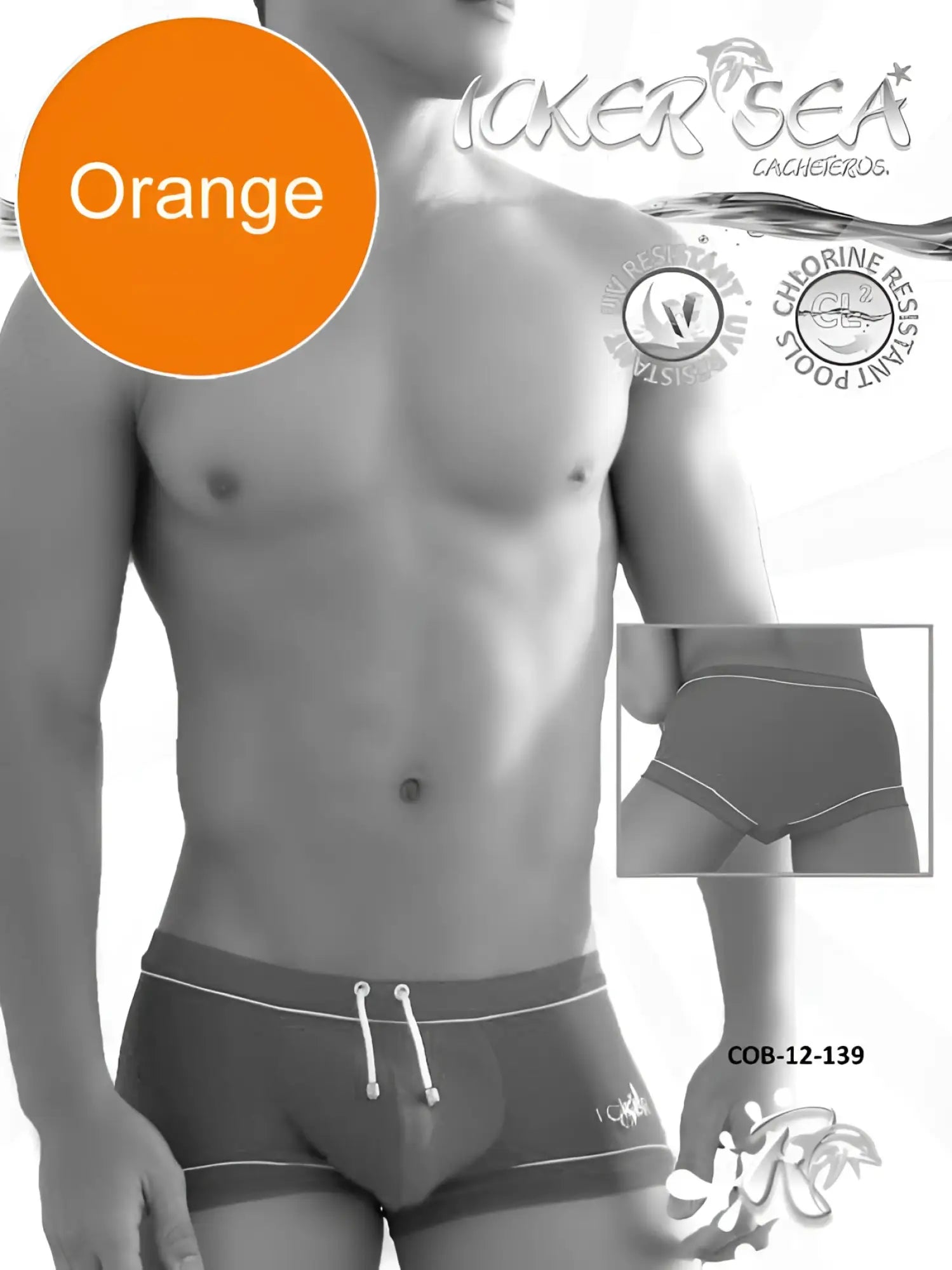 Icker Sea tory contrast line square cut orange swim trunks with white drawstrings and trim for swimming and beachwear