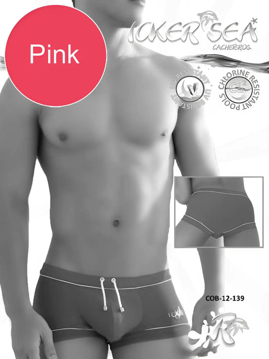 Pink icker sea tory contrast line square cut swim trunks with white drawstrings trim and branded logo on side
