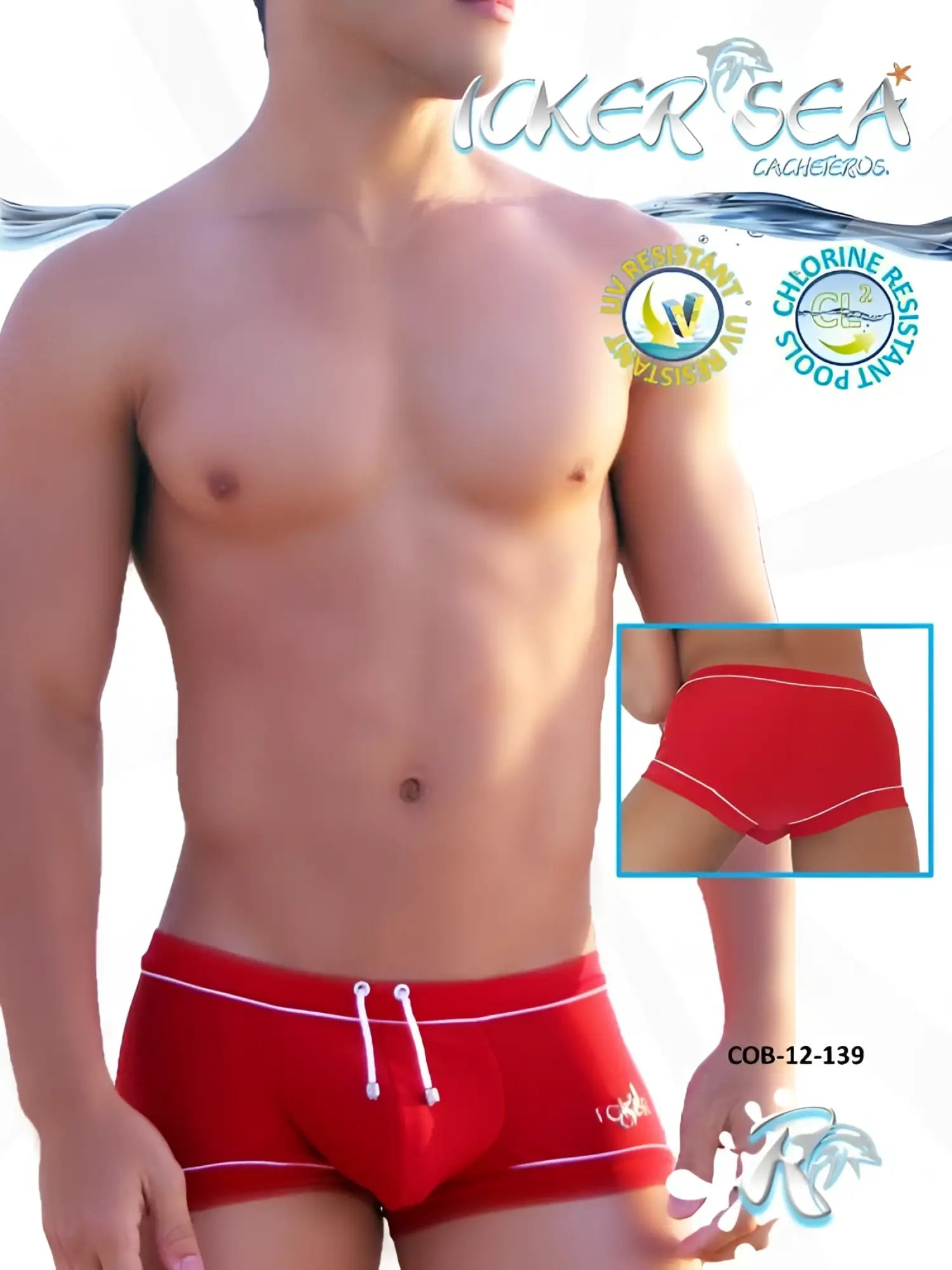 Red Icker Sea Tory contrast line square cut swim trunks with white trim and drawstrings for beachwear and swimming