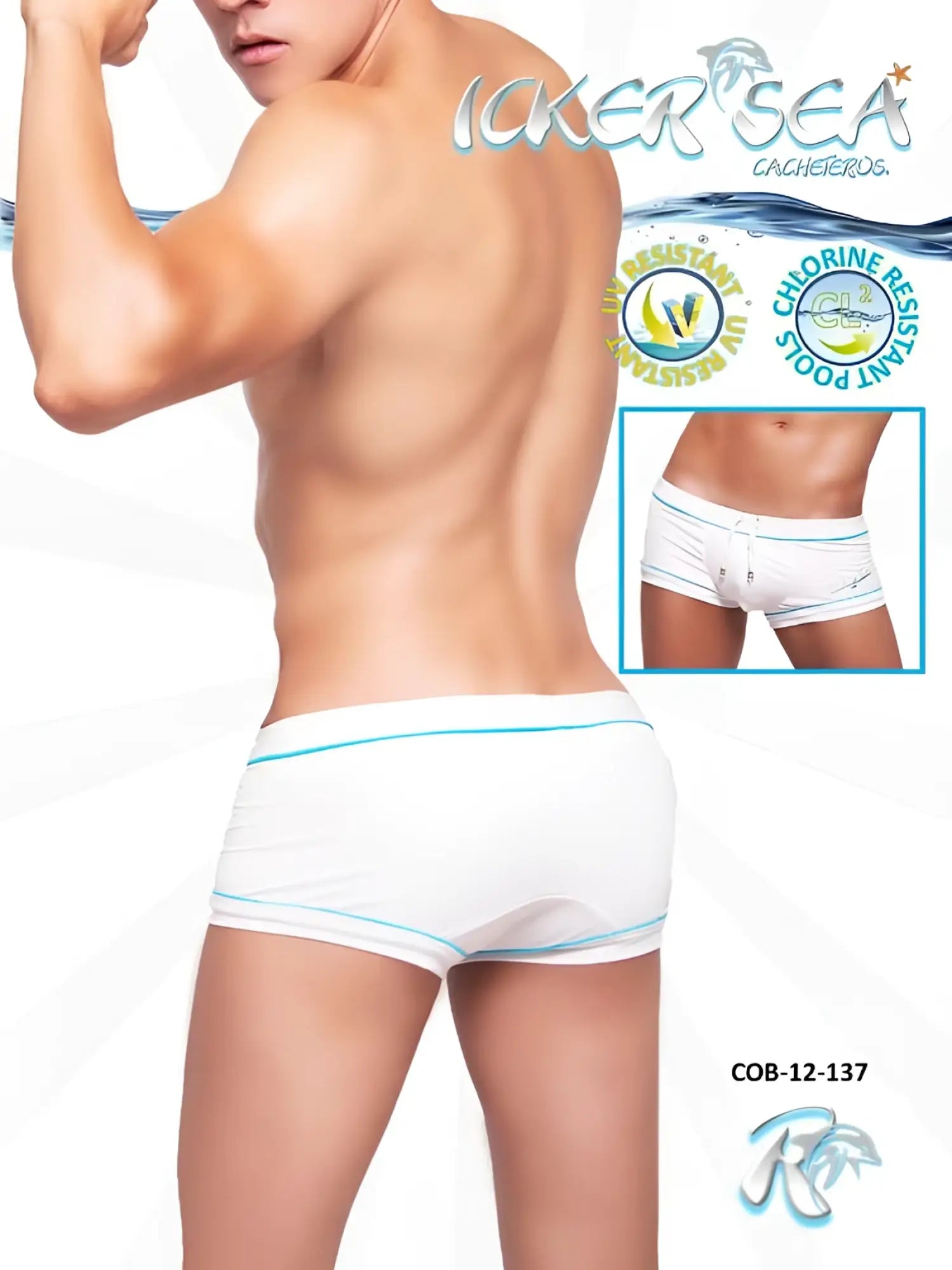 Icker Sea Tory contrast line square cut trunk swimwear in white with light blue trim and sleek modern design