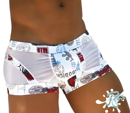 White boxer briefs by icker sea toys featuring bold red and blue graphic print for comfortable everyday wear