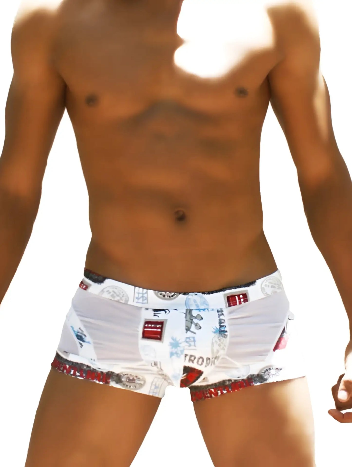 White men’s swim trunks with vibrant tropical print in red black and blue from icker sea toys curve boxer brief underwear