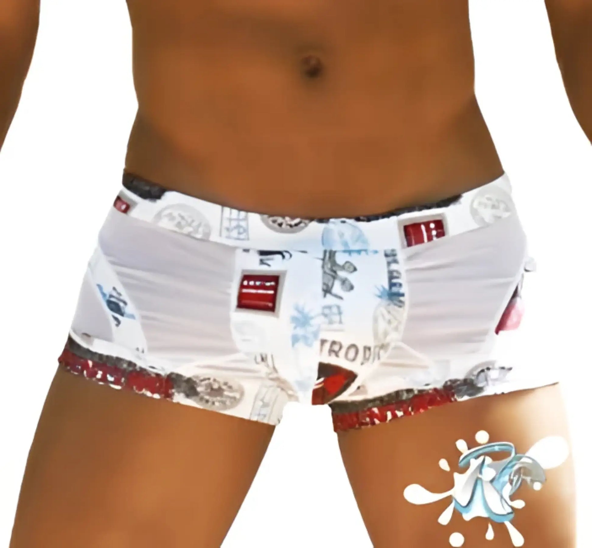 White boxer briefs from Icker Sea toys curve featuring a playful red and black graphic print on cotton fabric