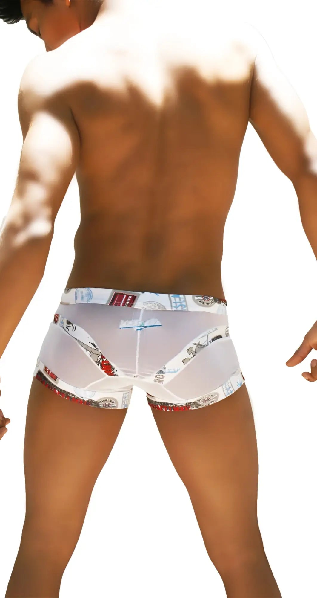 Icker Sea toys curve boxer brief underwear white translucent with red black gray urban print waistband and leg openings