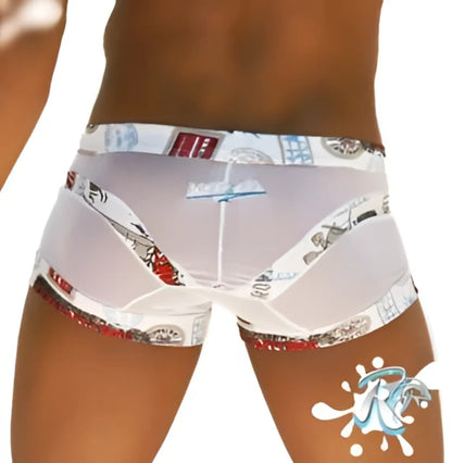 White transparent swim trunks with vintage postage stamp pattern and red accents from icker sea toys curve boxer brief underwear