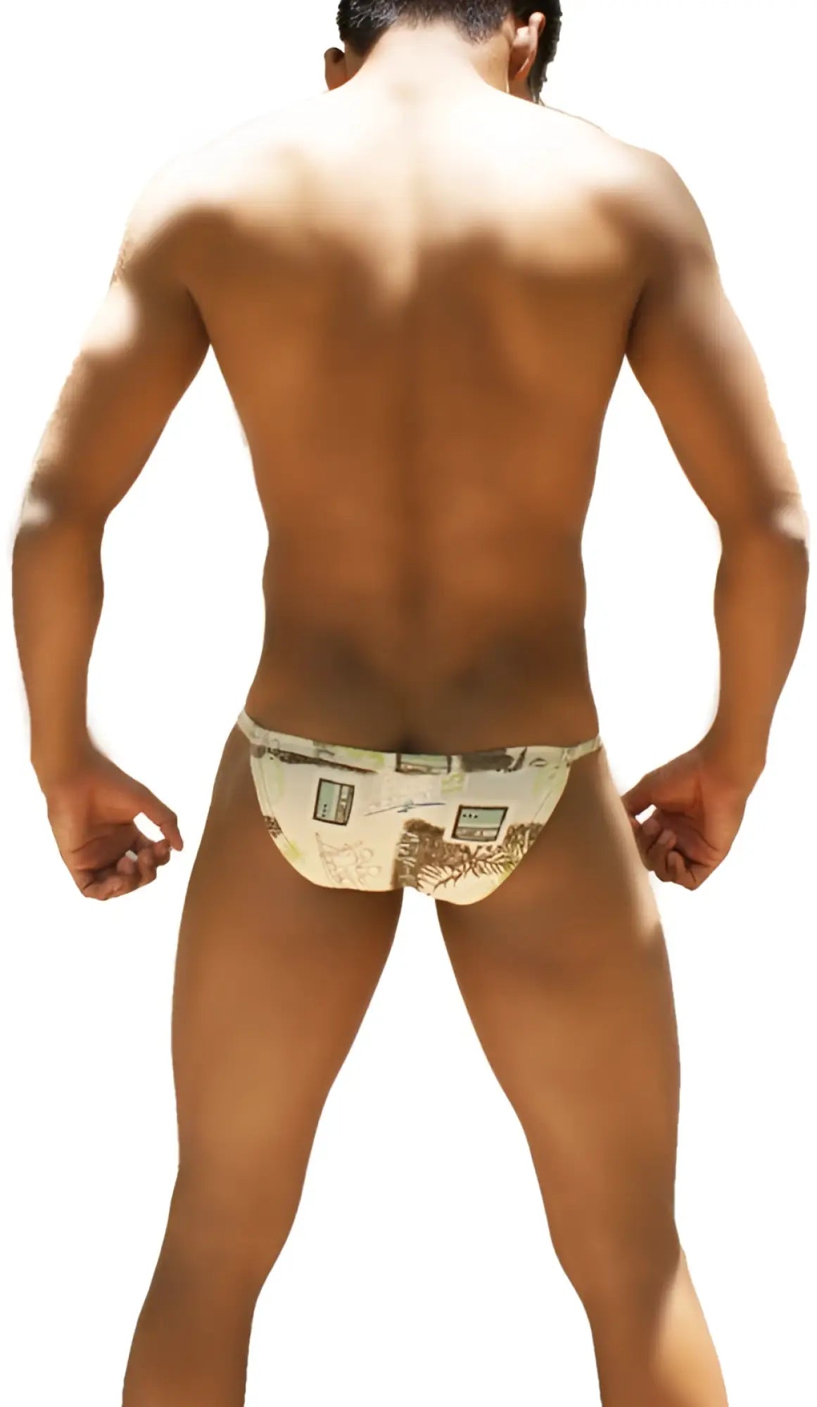 Beige icker sea toys micro slip bikini underwear with framed architectural illustrations and palm tree silhouettes