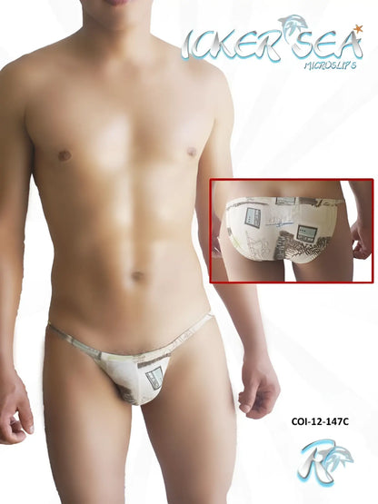 White micro briefs with black and gray newspaper print design from icker sea toys micro slip bikini underwear coffee co12 147c