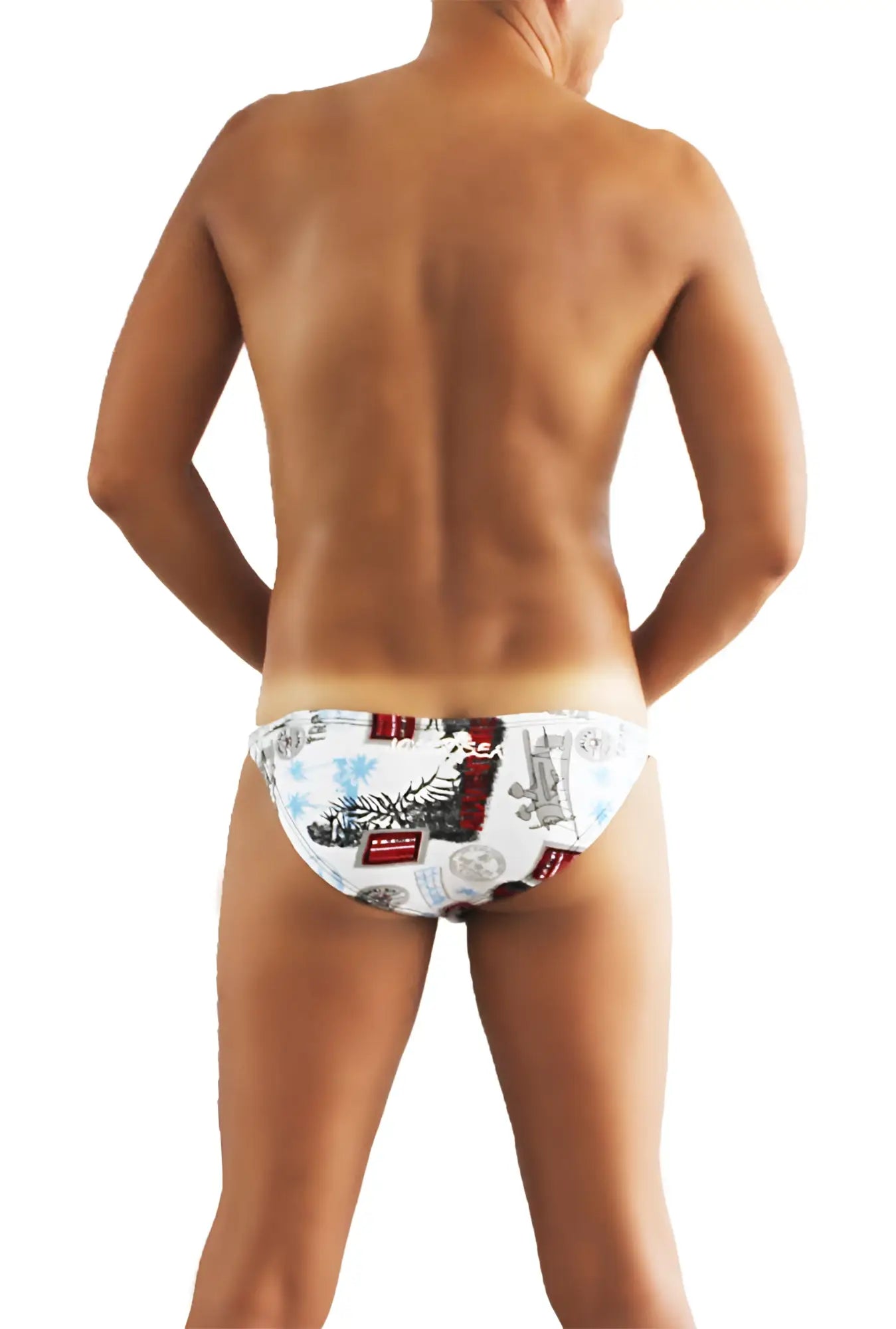 White swim trunks with red and black vintage-style graphic print from icker sea toys print bikini underwear collection