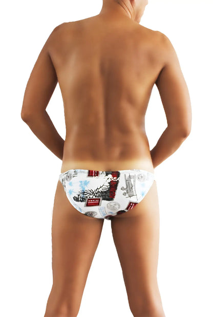 White swim trunks with red and black vintage-style graphic print from icker sea toys print bikini underwear collection