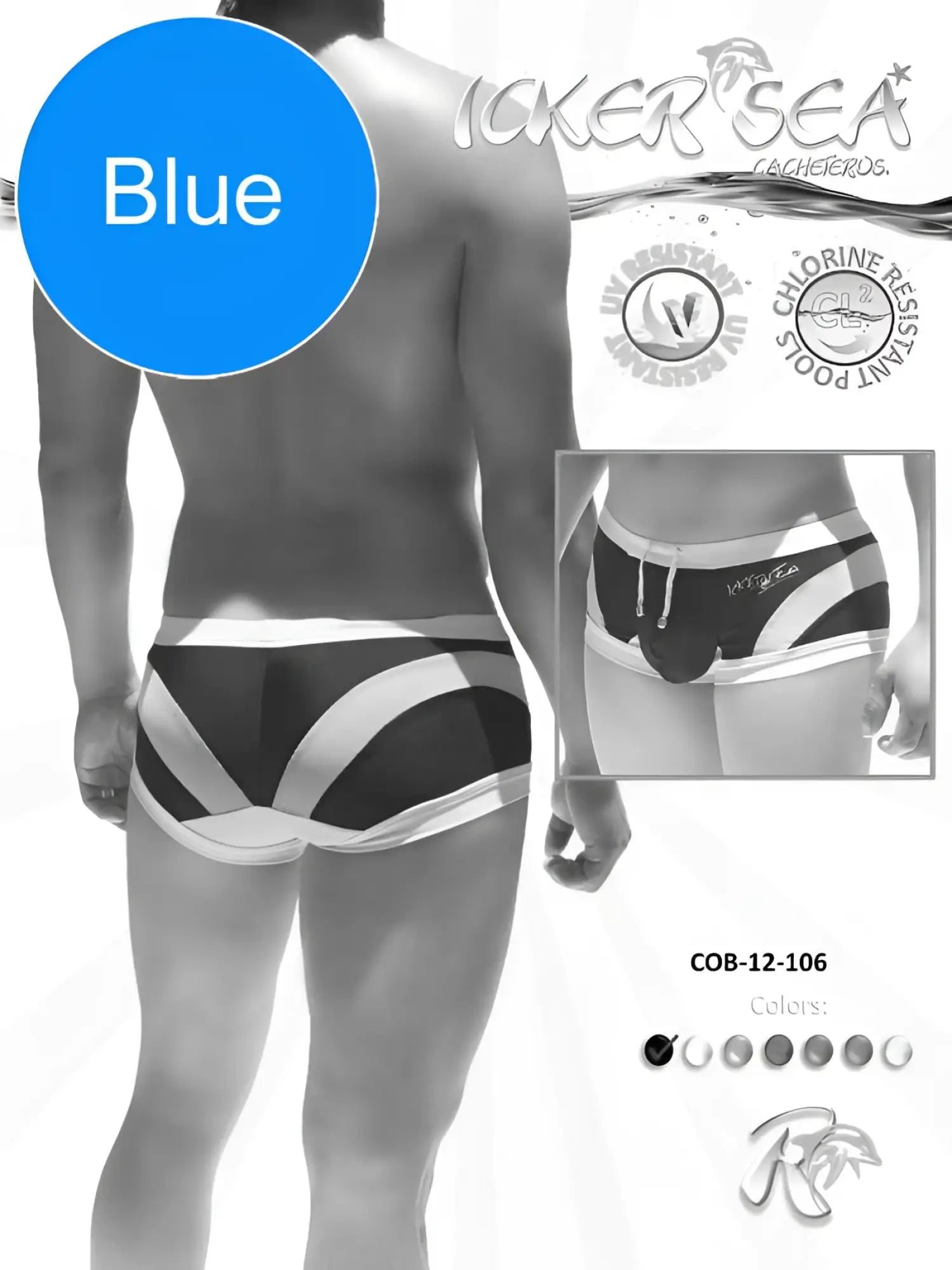 Blue and white striped swim trunks with a modern geometric design featuring the cocker sea logo cob-12-109