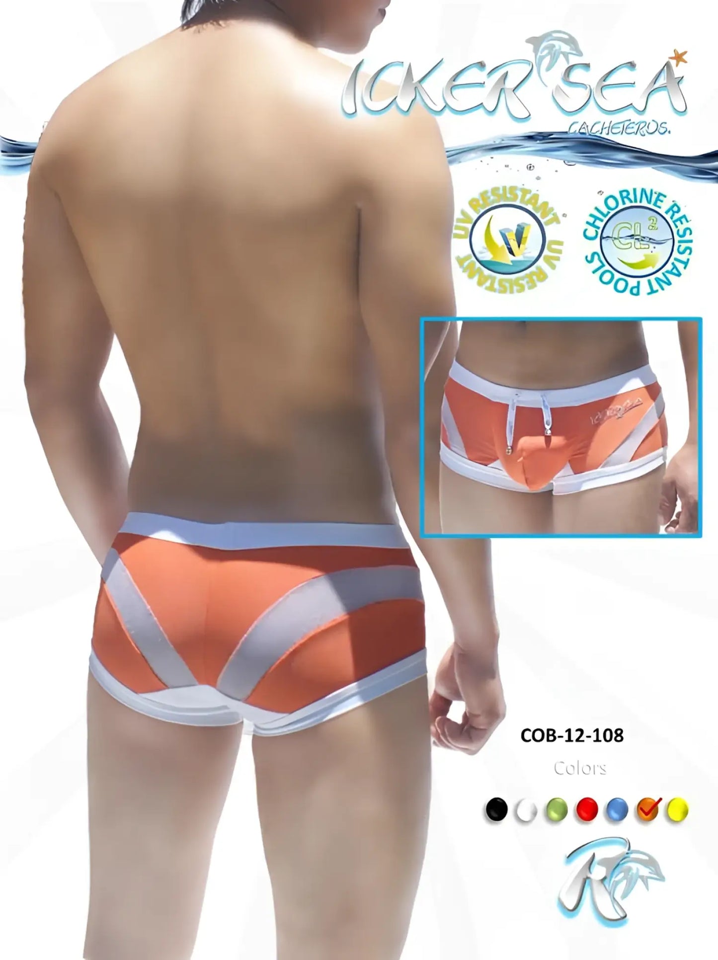 Icker Sea transparent curve square cut trunk swimwear in orange and white with a modern athletic design