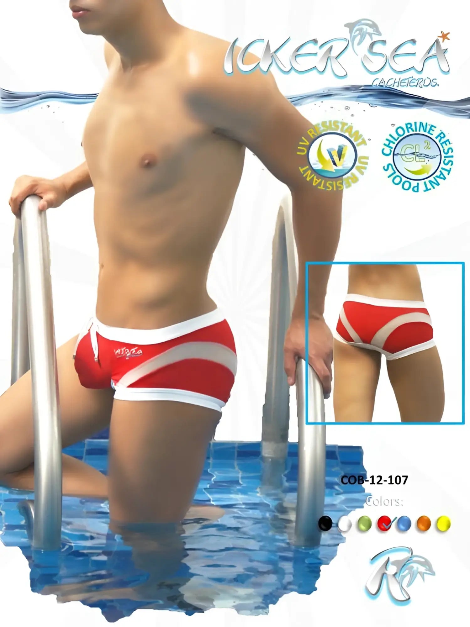Icker Sea transparent curve square cut trunk swimwear in red and white with sleek modern design for swimming