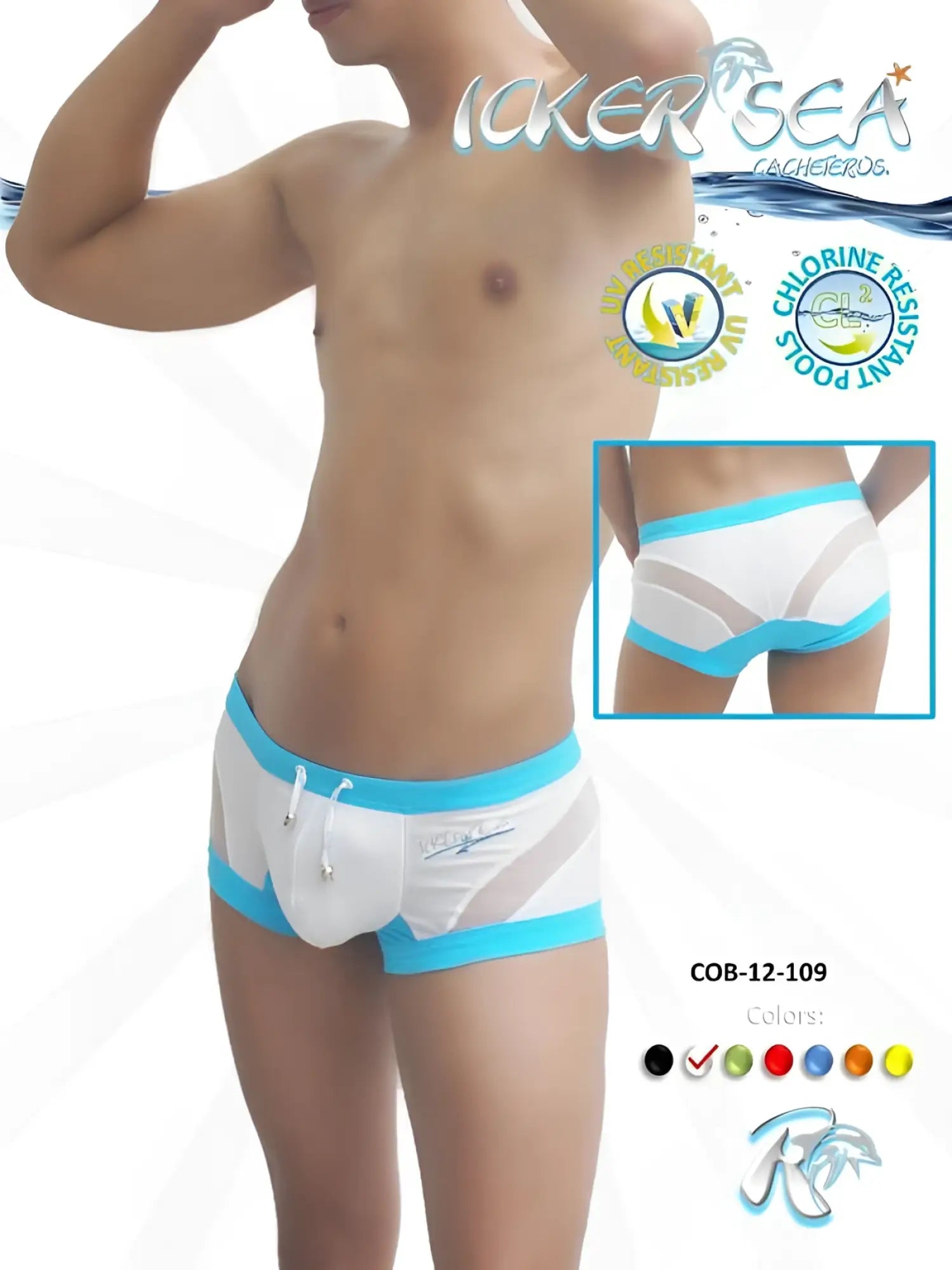 White and turquoise Icker Sea transparent curve square cut trunk swimwear with mesh panels and drawstring waistband