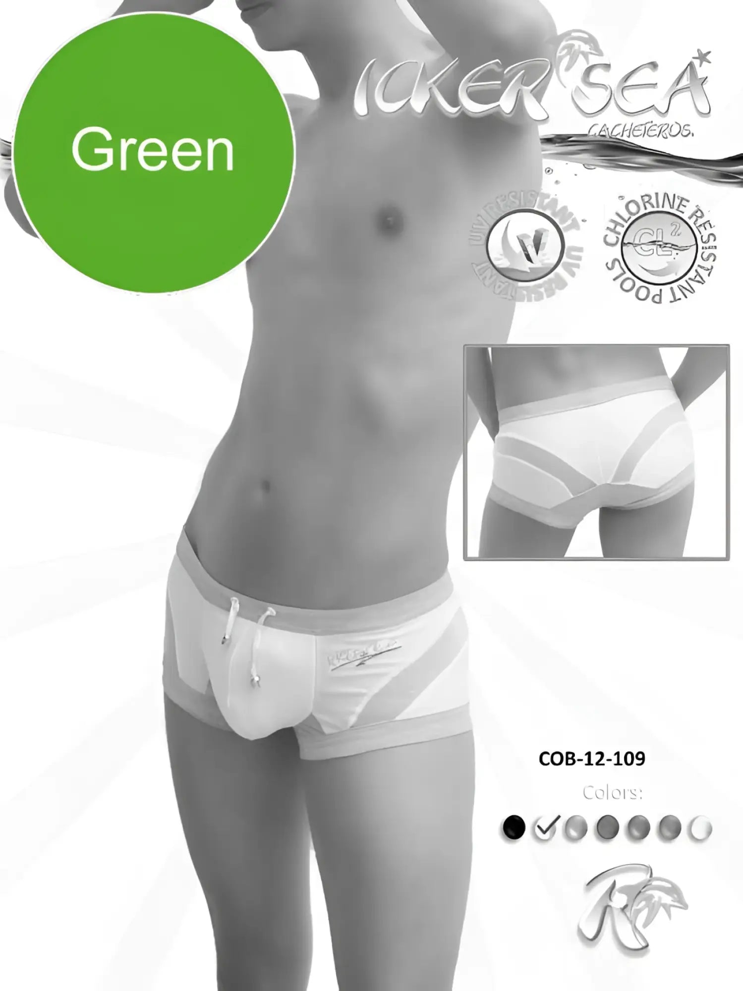Icker Sea green chlorine-resistant swim trunks with white accents and a drawstring waistband for swimwear