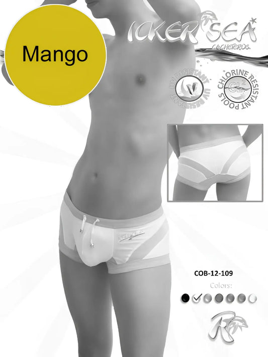 White and gray striped Icker Sea transparent curve square cut trunk swimwear with drawstring waistband