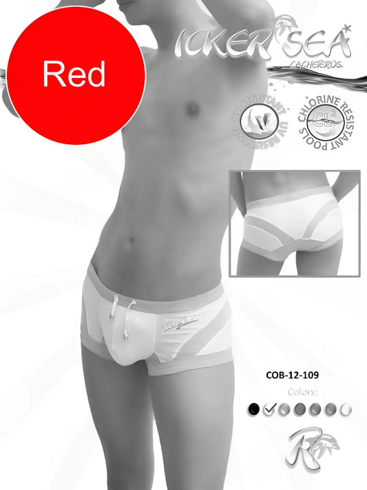 Icker Sea transparent curve square cut trunk swimwear in red with white and gray accents and drawstring waistband