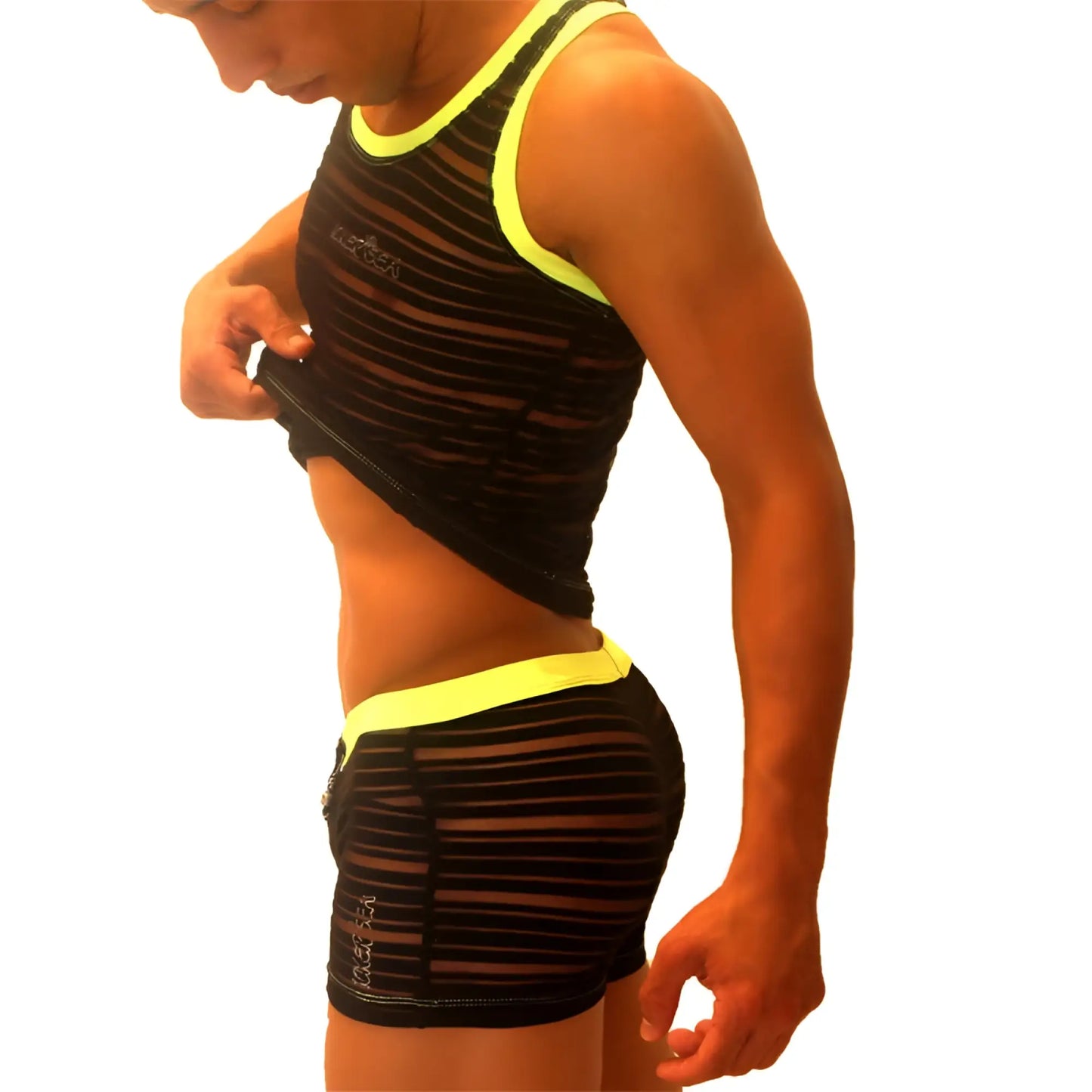 Icker Sea black and neon yellow striped mesh athletic tank top and boxer brief pyjama set with bold contrast design