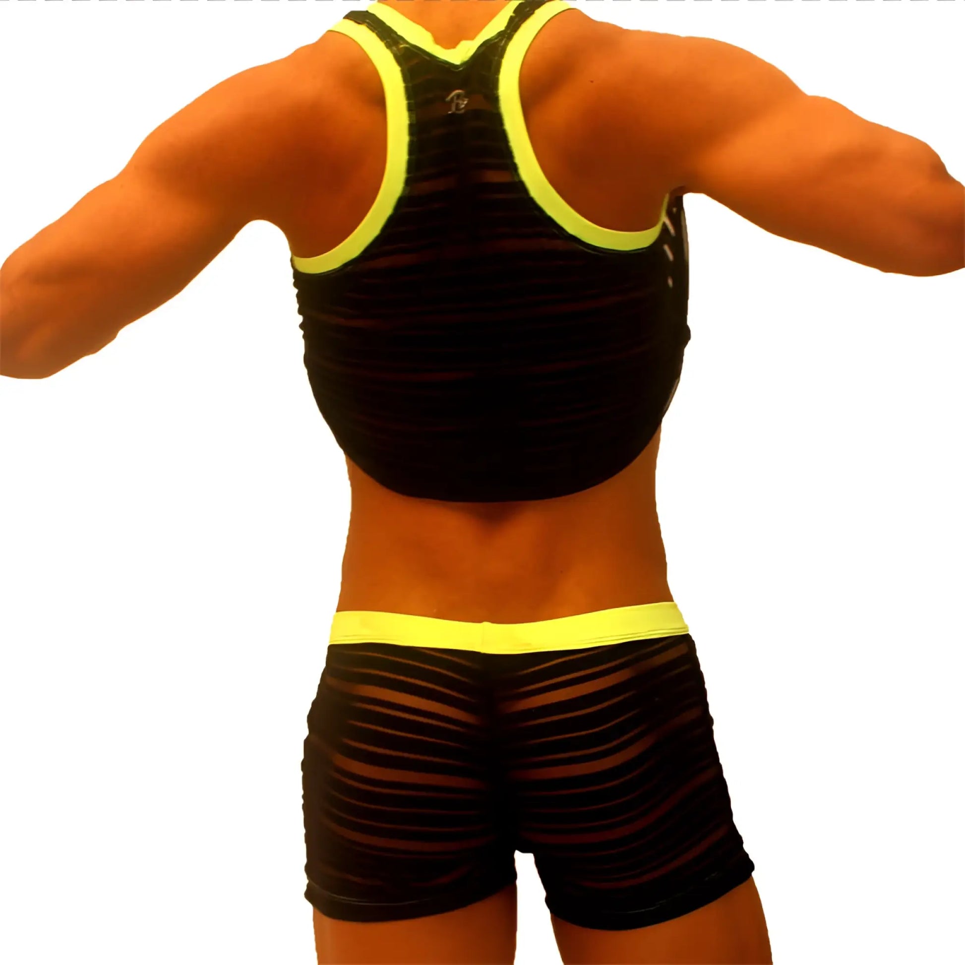 Black mesh athletic tank top with neon yellow trim and matching shorts in icker sea transparent lines stripes pyjama set
