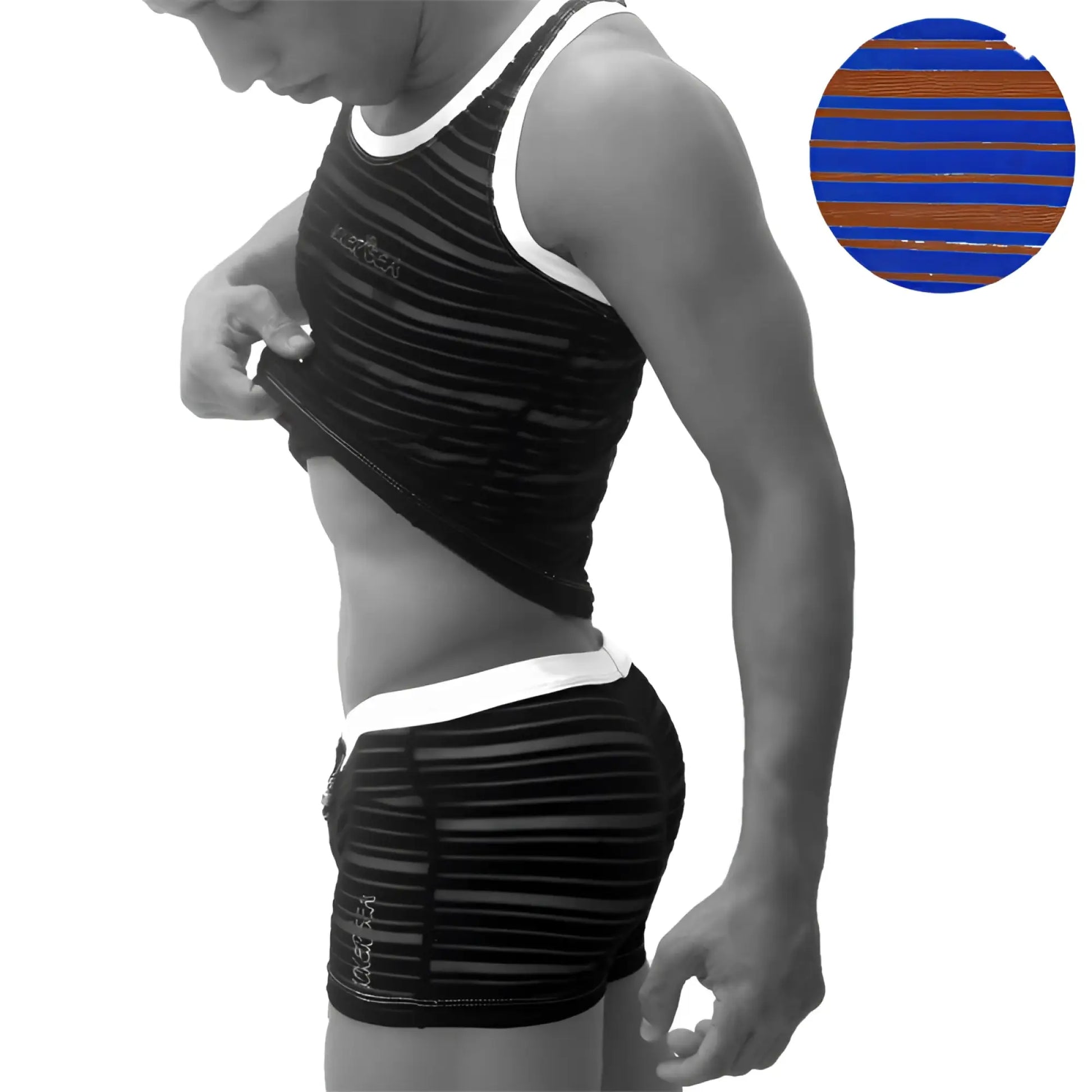 Black and white striped athletic tank top with a small chest logo from icker sea transparent lines stripes set