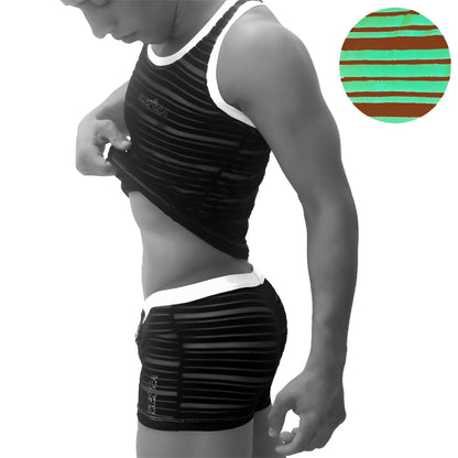Black and white striped athletic tank top with small chest logo from icker sea transparent lines stripes pj set green pj-19-01