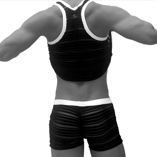 Icker Sea black ribbed tank top with white trim and matching shorts transparent lines stripes set