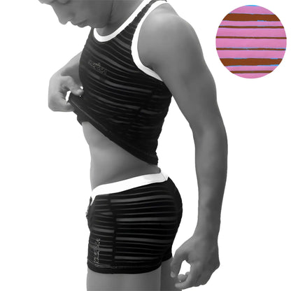 Black and white striped athletic tank top with small logo on chest from Icker Sea transparent lines stripe set
