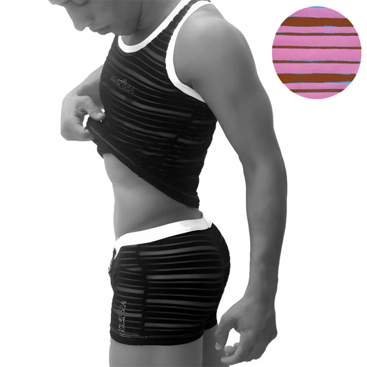 Black and white striped athletic tank top with small logo on chest from Icker Sea transparent lines stripe set