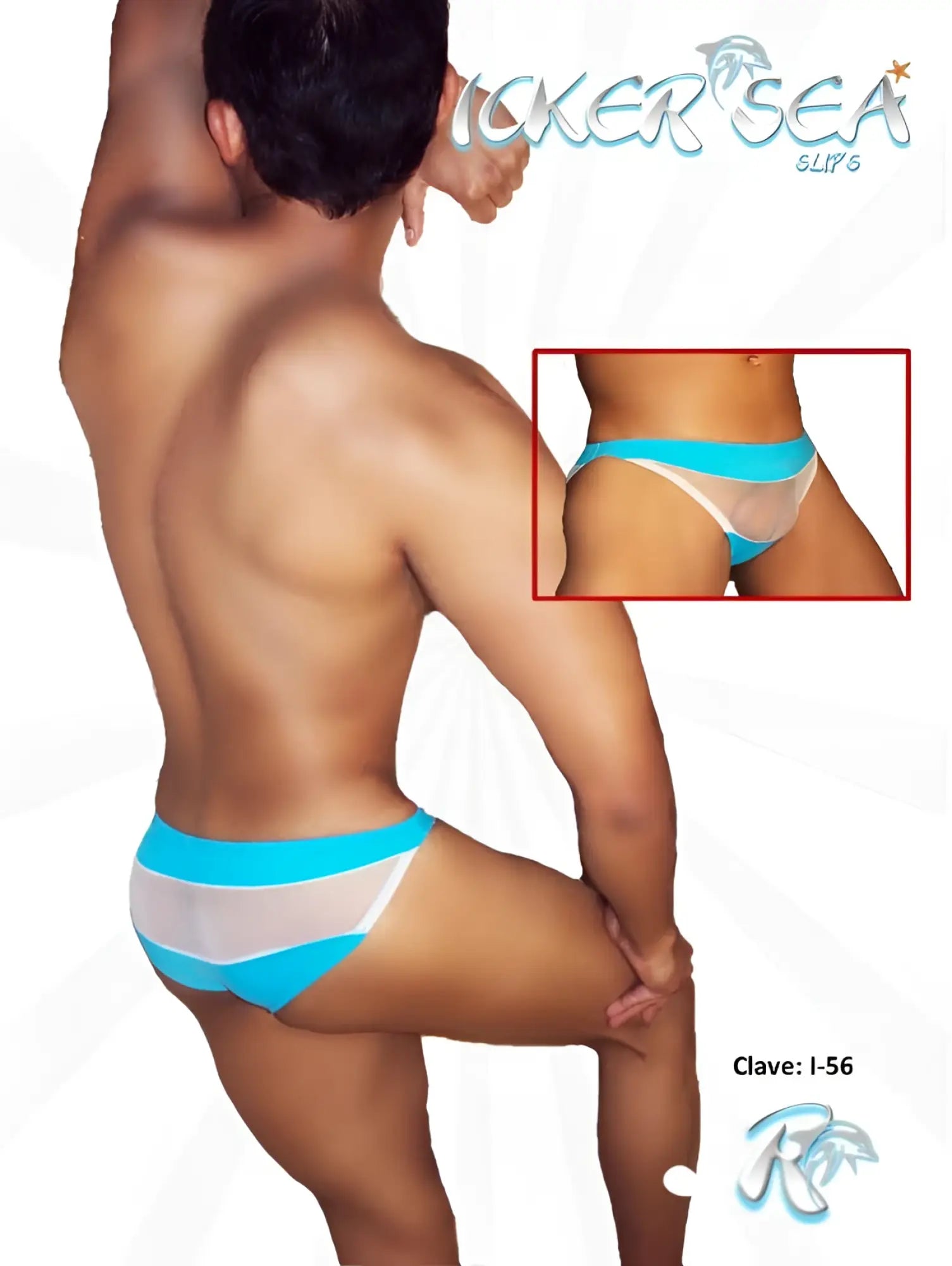 Icker sea transparent panel slip bikini underwear blue in bright turquoise and white mesh with bold horizontal stripes
