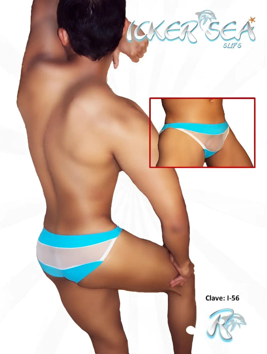 Icker sea transparent panel slip bikini underwear blue in bright turquoise and white mesh with bold horizontal stripes