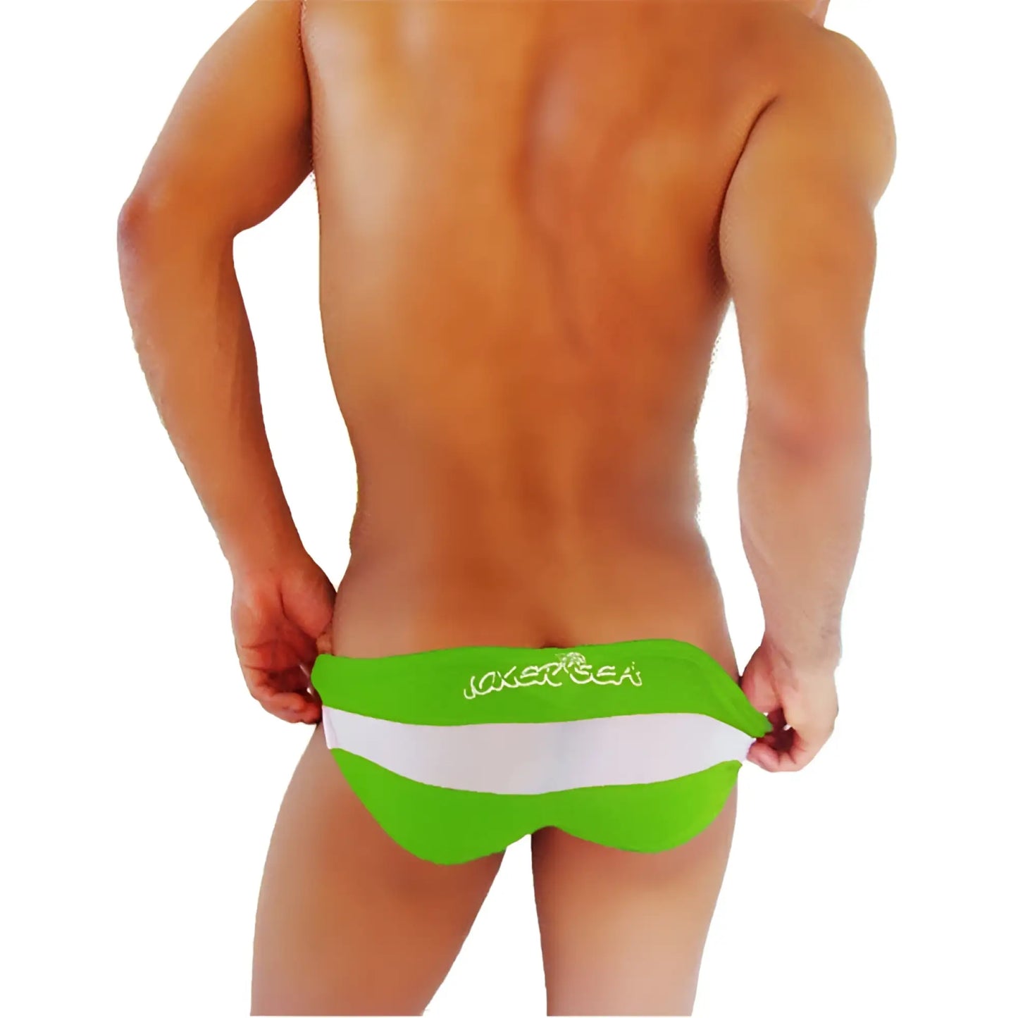 Bright green and white striped men’s swim trunks with joker sea logo embroidered on waistband from icker sea transparent panel slip bikini underwear green coi-16-21