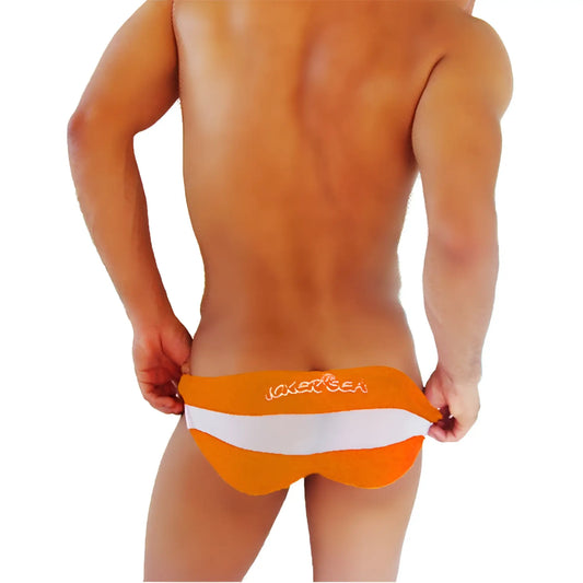 Orange and white striped men’s swim trunks with joker sea embroidered on waistband from icker sea coI-16-24